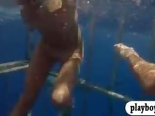 Charming Babes Swam In Shark Cage And Snowboarding Topless