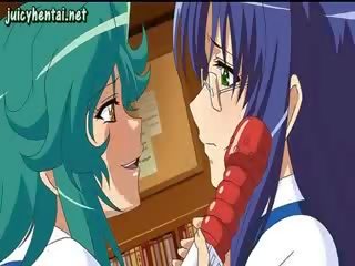 Anime lesbians enjoying a red dildo