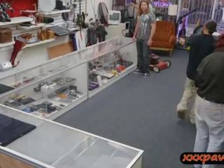 Lesbian couple elite threesome session at the pawnshop