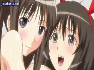 Hentai lesbians sharing a strapon and a johnson